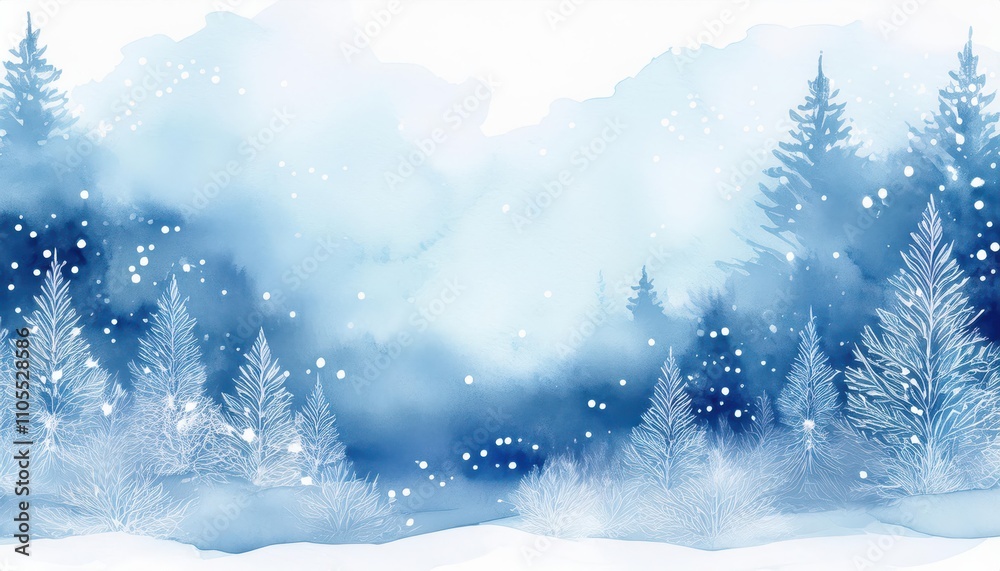 Watercolor Winter Landscape with lots of snow and a Cold Forest Watercolor Winter Landscape with lots of snow and a Cold Forest