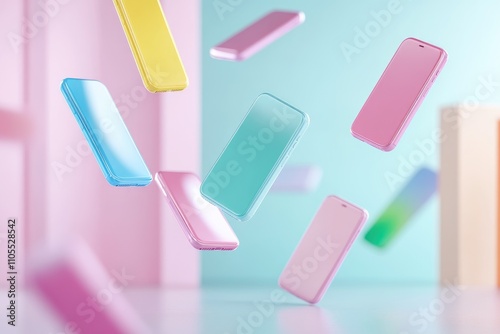 Colorful smartphones floating in pastel abstract space