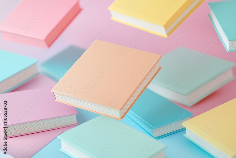 Fototapeta premium Colorful books floating on pastel background for education or literature concepts