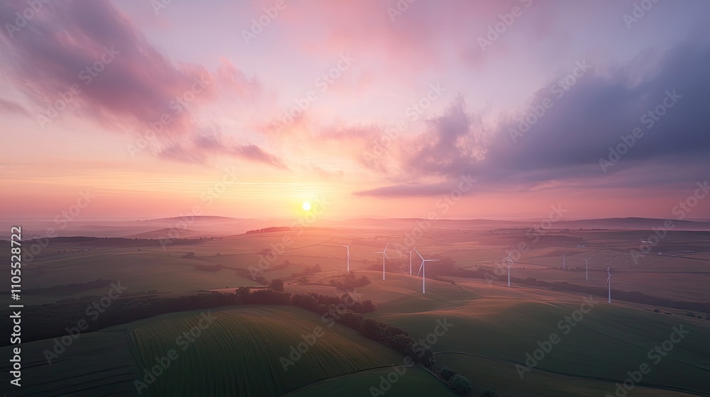 A serene landscape featuring wind turbines beneath a colorful sunrise over rolling hills. A serene landscape featuring wind turbines beneath a colorful sunrise over rolling hills.