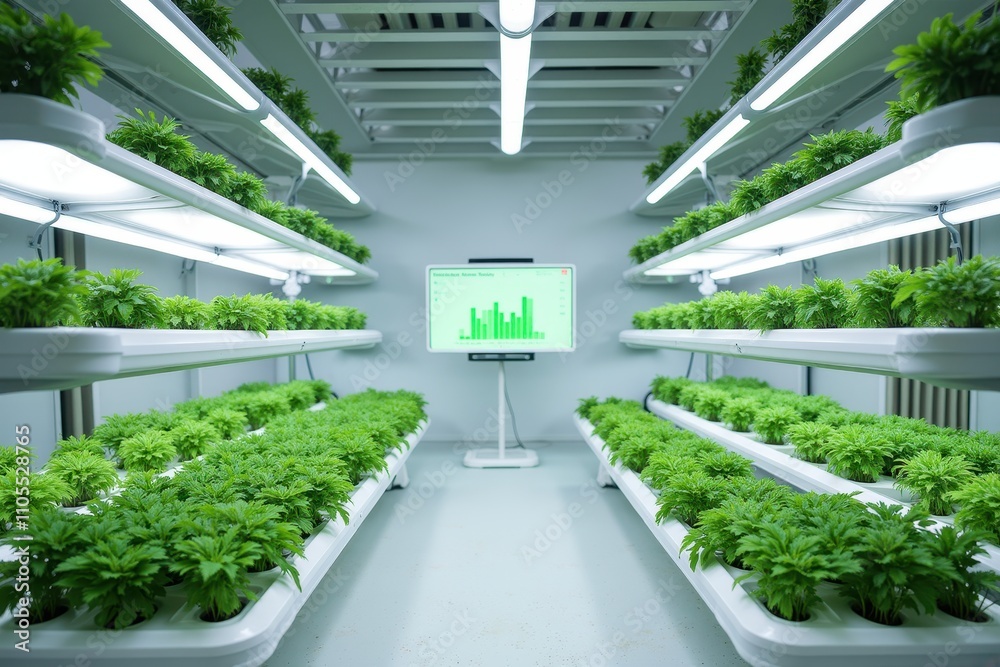 Indoor Farming Technology in Modern Hydroponic Facility with Lush Green Plants and Monitoring Display on Wall for Sustainable Agriculture Practices Indoor Farming Technology in Modern Hydroponic Facility with Lush Green Plants and Monitoring Display on Wall for Sustainable Agriculture Practices