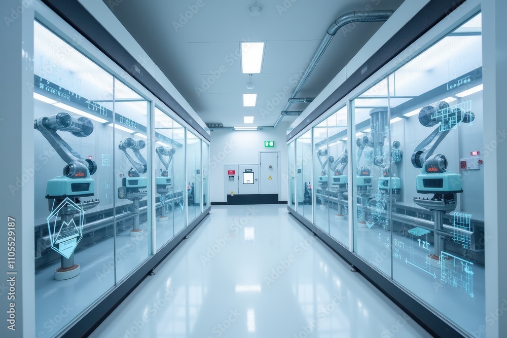 Fototapeta premium Modern AI Factory Interior with Advanced Industrial Robots in Clean Environment Showcasing Cutting-Edge Technology and Automation Process