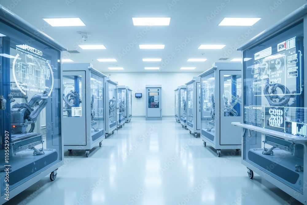 Fototapeta premium Modern AI-Powered Factory Interior with Advanced Robotics and High-Tech Equipment Showcasing the Future of Manufacturing and Automation Technologies