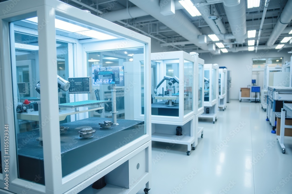 Obraz premium Modern Automated Factory with Advanced Robotics Inside Clean Room for Manufacturing Processes and Quality Control