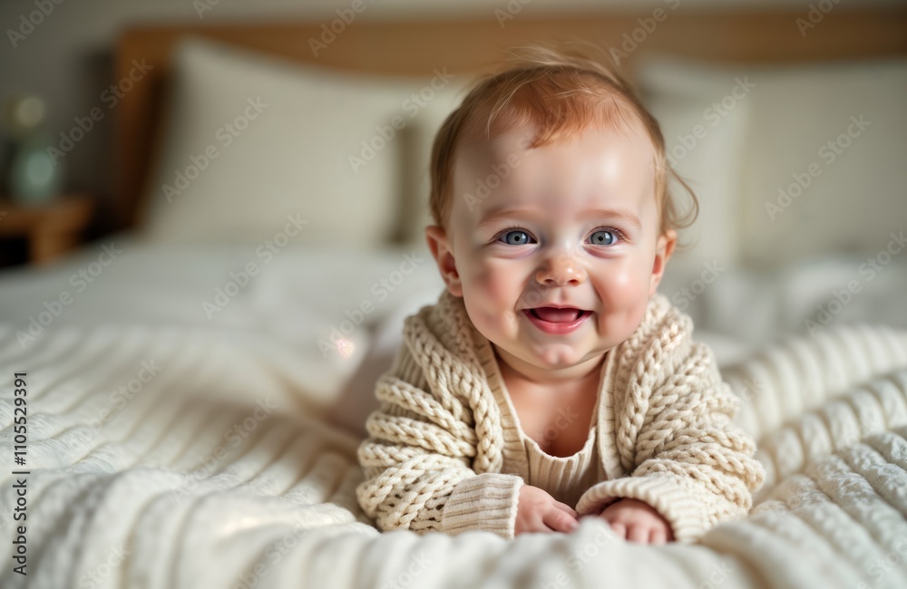 Baby girl lies on bed with cozy blanket. Cute, happy expression. Soft light illuminates baby girl. Warm, comfortable home interior setting. Relaxed, cheerful baby girl in warm clothes. Close-up head Baby girl lies on bed with cozy blanket. Cute, happy expression. Soft light illuminates baby girl. Warm, comfortable home interior setting. Relaxed, cheerful baby girl in warm clothes. Close-up head