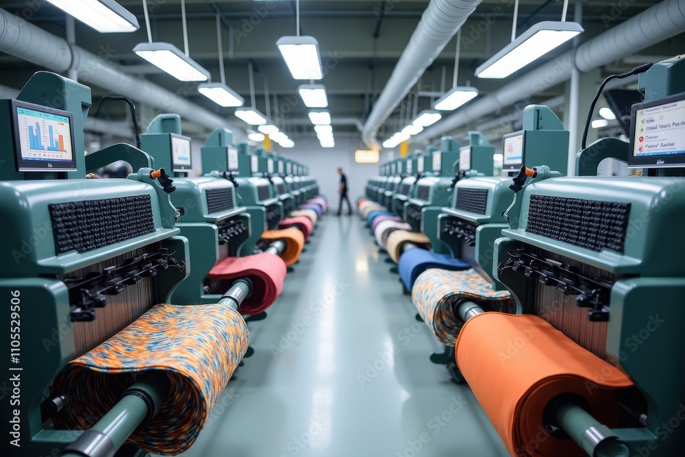 Obraz premium Modern Fabric Production Facility Showcasing Advanced Machinery and Vibrant Textile Rolls in a Streamlined Industrial Setting