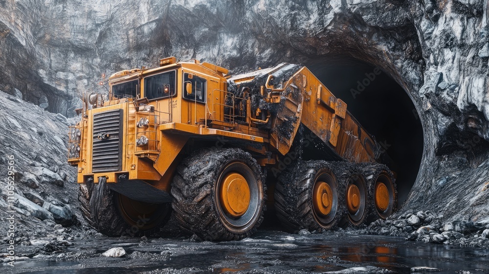An industrial orange dump truck rests at the entrance of a dark mine tunnel, showcasing its rugged design and powerful tires. An industrial orange dump truck rests at the entrance of a dark mine tunnel, showcasing its rugged design and powerful tires.