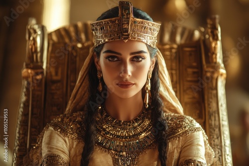 Majestic queen sitting on golden throne wearing ornate headdress and jewelry photo