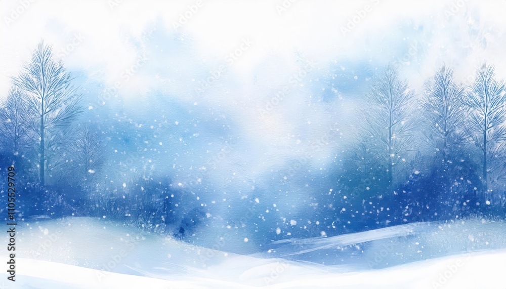 Watercolor Winter Landscape with lots of snow and a Cold Forest Watercolor Winter Landscape with lots of snow and a Cold Forest