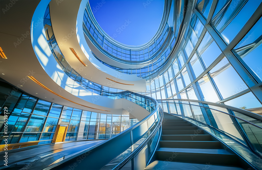 Obraz premium Dynamic view of a modern spiral staircase with glass railings, reflecting natural light from large windows, highlighting architectural elegance in a horizontal layout.