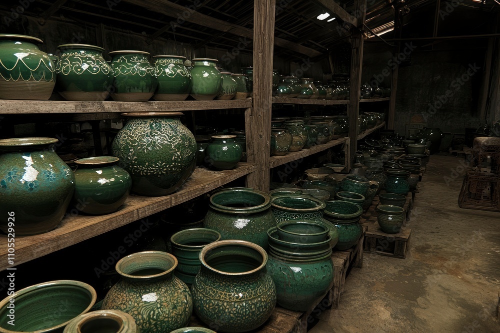 Green Pottery Jars Stored On Wooden Shelves In A Workshop Green Pottery Jars Stored On Wooden Shelves In A Workshop