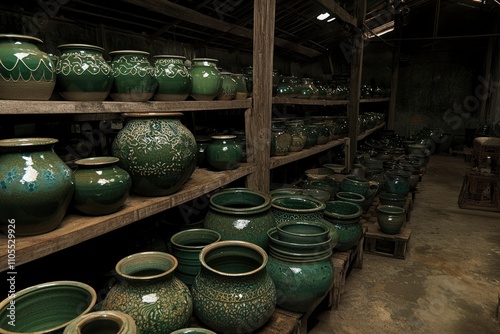 Wallpaper Mural Green Pottery Jars Stored On Wooden Shelves In A Workshop Torontodigital.ca