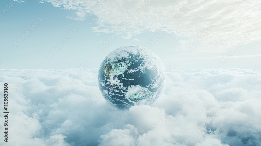 A stunning view of Earth floating serenely among fluffy white clouds, depicting a peaceful atmosphere. A stunning view of Earth floating serenely among fluffy white clouds, depicting a peaceful atmosphere.