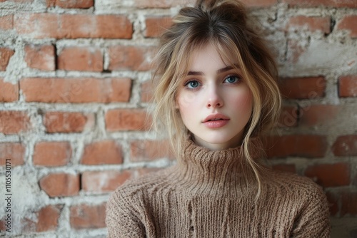 Young blonde woman wearing a brown turtleneck sweater posing in front of a brick wall