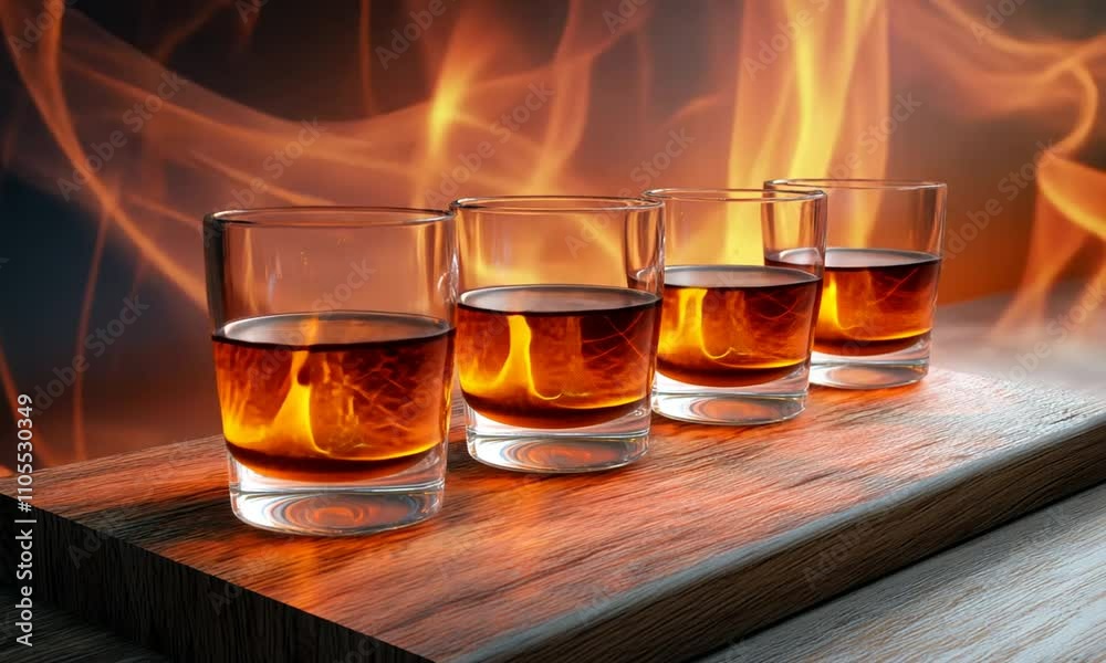 Four glasses filled with a fiery-looking drink, set against a backdrop of flames.