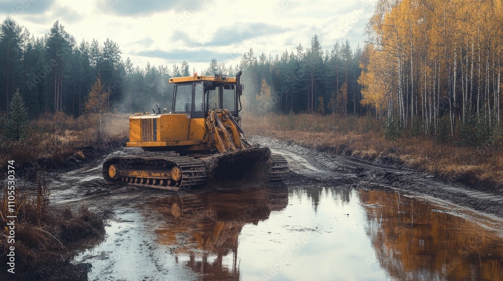 An industrial bulldozer, yellow and rugged, working in muddy terrain surrounded by autumn trees amidst a cloudy sky. An industrial bulldozer, yellow and rugged, working in muddy terrain surrounded by autumn trees amidst a cloudy sky.