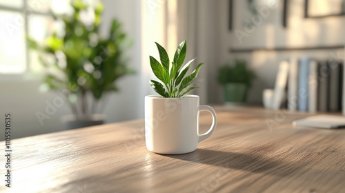 A small green plant growing in a white mug on a wooden table, surrounded by soft natural light.