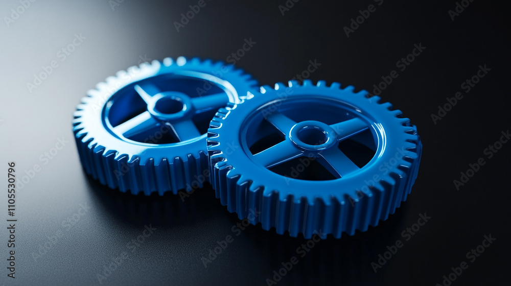 Bright blue plastic gears arranged on a dark surface highlighting their design and texture Bright blue plastic gears arranged on a dark surface highlighting their design and texture