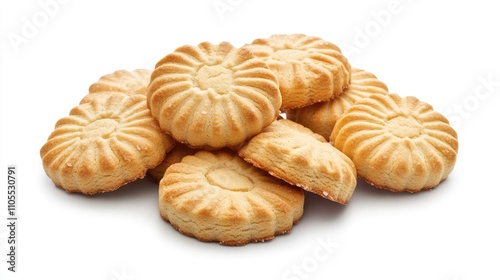 A delicious stack of golden, buttery cookies arranged enticingly on a white background.