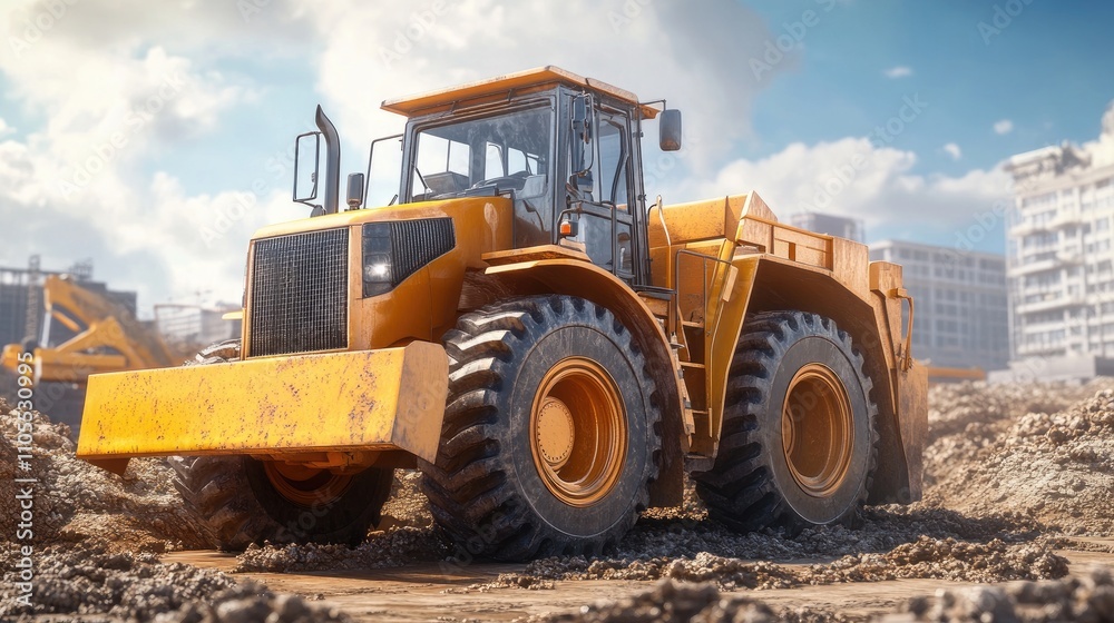 A powerful yellow bulldozer on a construction site, showcasing its robust build and heavy-duty tires against a clear blue sky. A powerful yellow bulldozer on a construction site, showcasing its robust build and heavy-duty tires against a clear blue sky.