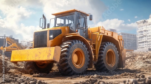 A powerful yellow bulldozer on a construction site, showcasing its robust build and heavy-duty tires against a clear blue sky.