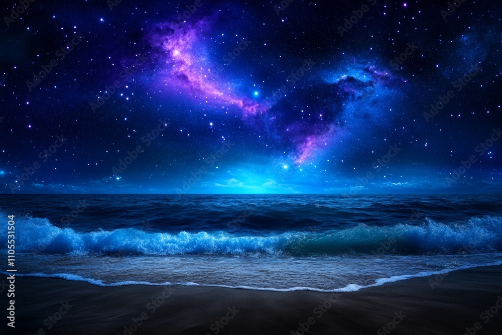 Deep Blue Ocean Waves Under Starry Night Sky with Vibrant Nebula Deep Blue Ocean Waves Under Starry Night Sky with Vibrant Nebula