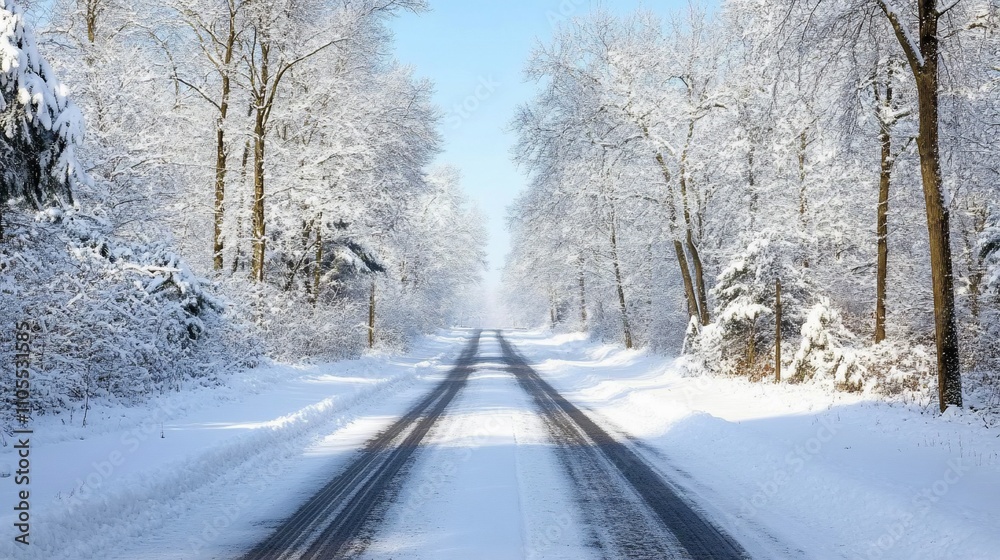 Snowy winter road through a forest. Snowy winter road through a forest.
