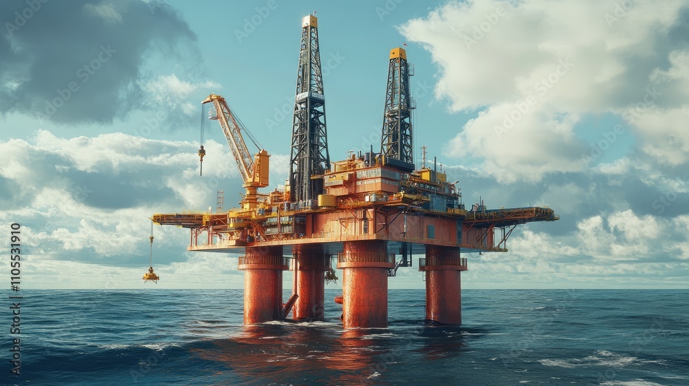 An oil drilling rig stands majestically in the open sea, surrounded by a vibrant sky. An oil drilling rig stands majestically in the open sea, surrounded by a vibrant sky.