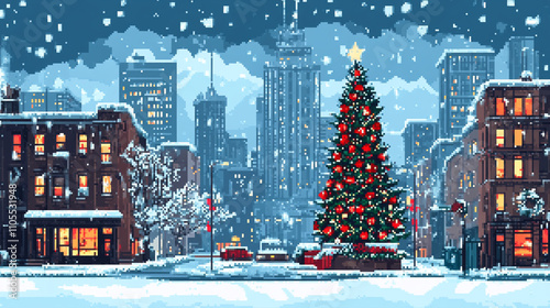 2d pixel art of christmas tree on street, winter season, snow street