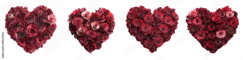 Four heart shapes filled with beautiful red roses, symbolizing love and affection. Four heart shapes filled with beautiful red roses, symbolizing love and affection.