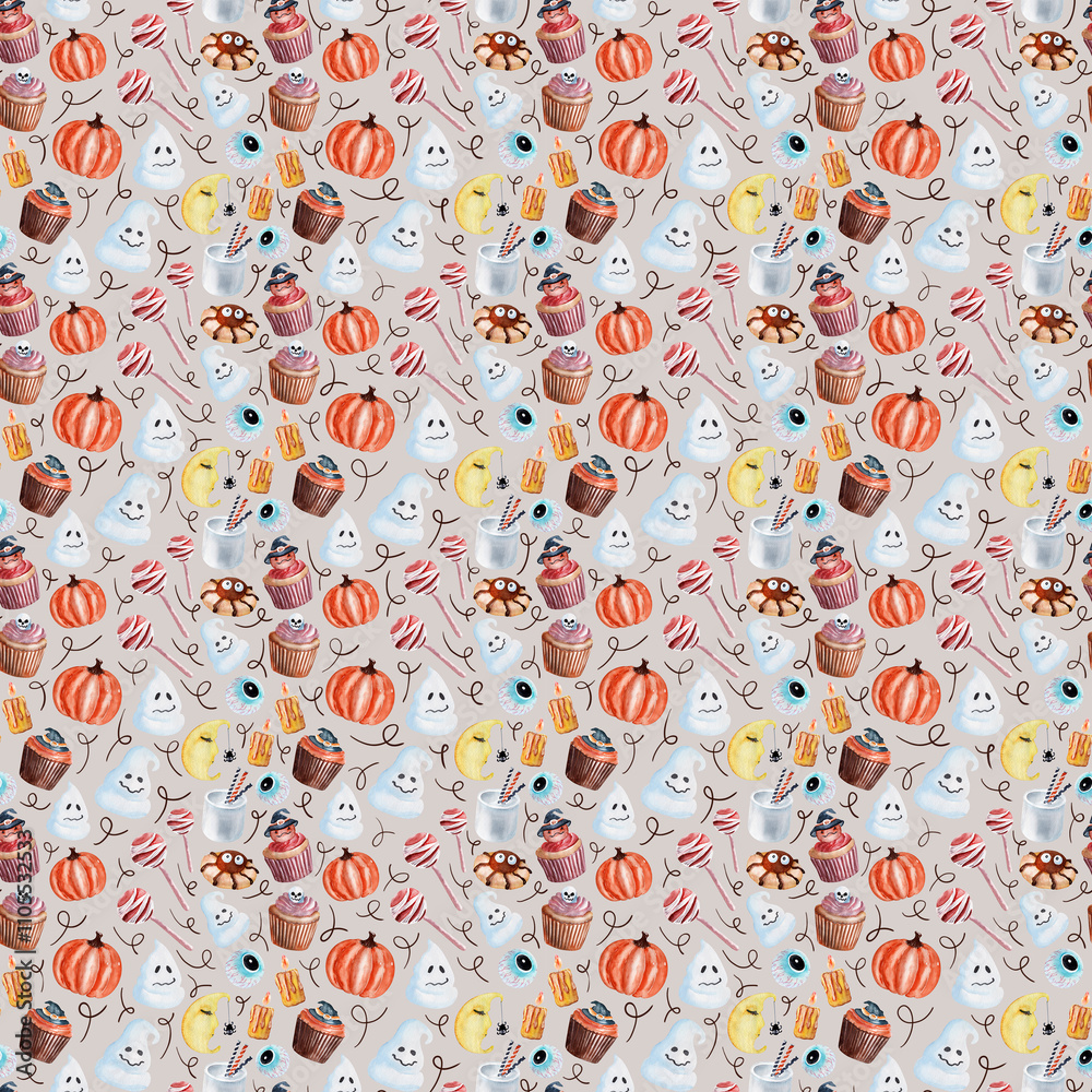 Watercolor seamless pattern with various Halloween theme elements Watercolor seamless pattern with various Halloween theme elements