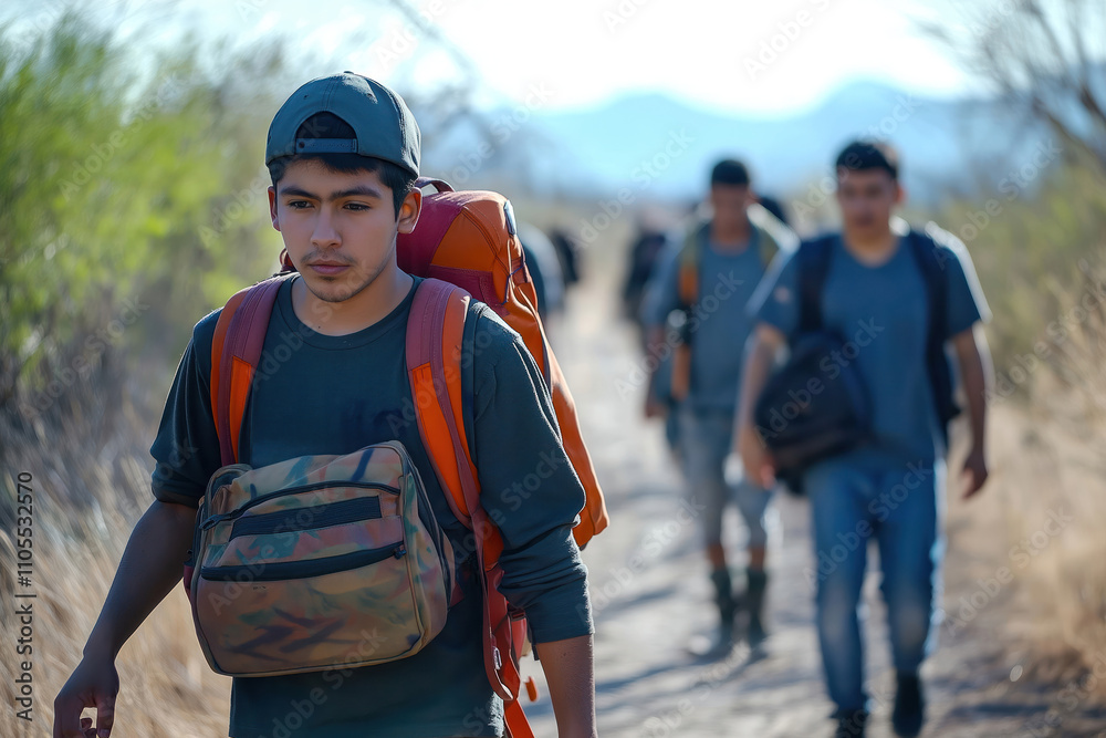Young men walk along border path. They carry backpacks. Likely migrants. Rural landscape surrounds them. This is a potential photo story about migration and human mobility. Young men walk along border path. They carry backpacks. Likely migrants. Rural landscape surrounds them. This is a potential photo story about migration and human mobility.