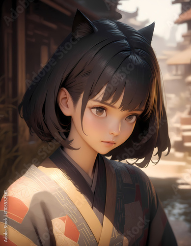 Cute Cat Girl in Traditional Kimono with Artistic Style  photo