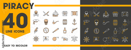 Caribbean pirates line icons. Corsairs and filibuster, treasure and skull, map and weapon symbols. Vector set of piracy themed linear signs. Smoking pipe, swords, ship, loot chest, anchor and parrot