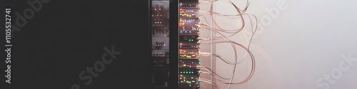 Server rack side view with connected cables photo