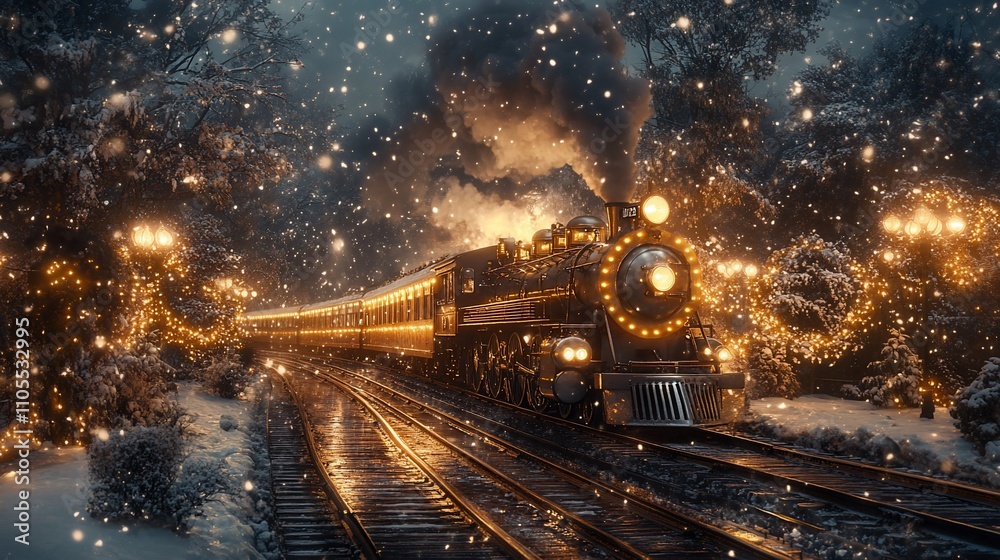 A steam train travels through a snowy, lit-up winter wonderland. A steam train travels through a snowy, lit-up winter wonderland.