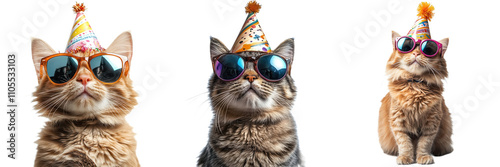 Three playful cats wearing festive hats and sunglasses, each displaying unique expressions and styles.