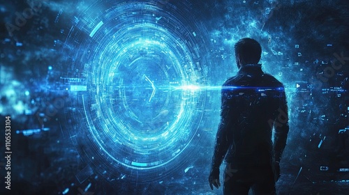 In a futuristic setting, a business professional displays a glowing blue computerized target with an arrow in the middle, signifying accuracy, success, and business strategy. photo