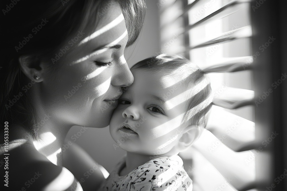 Mother Gently Kisses Her Baby Near Window