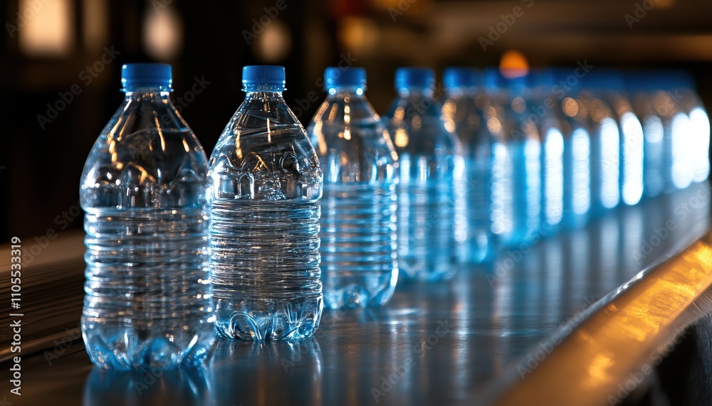 A line of water bottles on a conveyor belt, showcasing clear plastic containers with blue caps, emphasizing bottled water production. A line of water bottles on a conveyor belt, showcasing clear plastic containers with blue caps, emphasizing bottled water production.