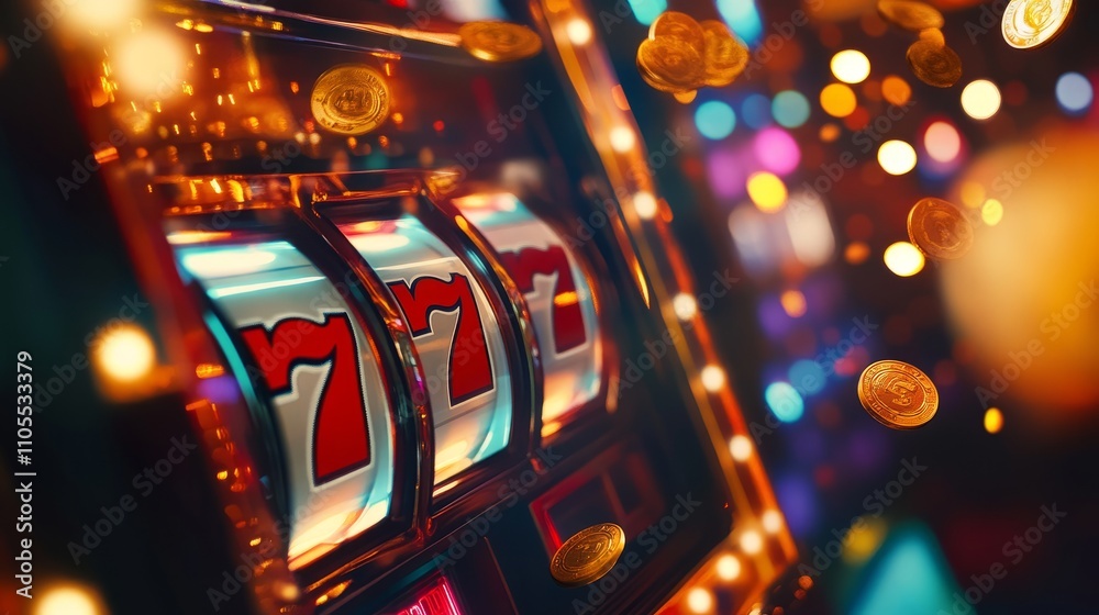 Jackpot win captured with a slot machine displaying triple sevens, surrounded by sparkling coins and vibrant casino lights Jackpot win captured with a slot machine displaying triple sevens, surrounded by sparkling coins and vibrant casino lights