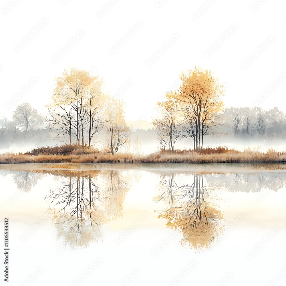 Serene autumnal landscape reflected in a calm lake, featuring golden-hued trees and misty atmosphere. Serene autumnal landscape reflected in a calm lake, featuring golden-hued trees and misty atmosphere.
