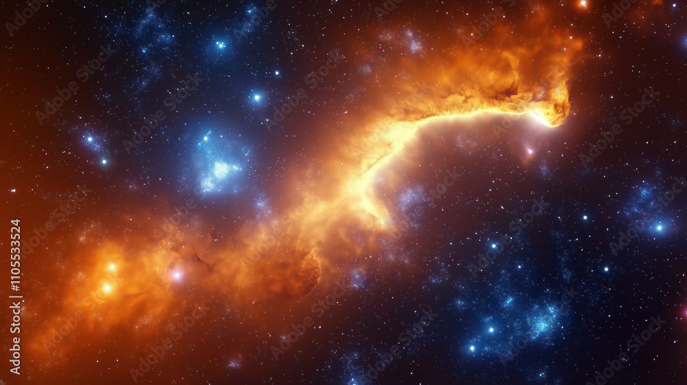 Fototapeta premium Abstract digital graphic shows colorful space nebula galaxy. Orange, blue glowing clouds of nebulae in dark space with bright stars. Cosmic landscape shows beauty, wonder of universe. Design perfect
