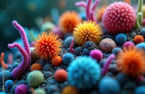 Colorful microorganisms appear in lab setting. Variety of bacteria protozoa algae, fungi. Super macro zoom view. Mobile phone view. Abstract illustration of microbial life. Medical science research photo
