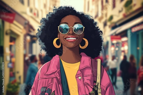 Cheerful black woman walks city street. Stylish woman wears pink jacket yellow top, big yellow earrings. Smiles, wears sunglasses. Urban setting. Happy person enjoying everyday life. Image positive