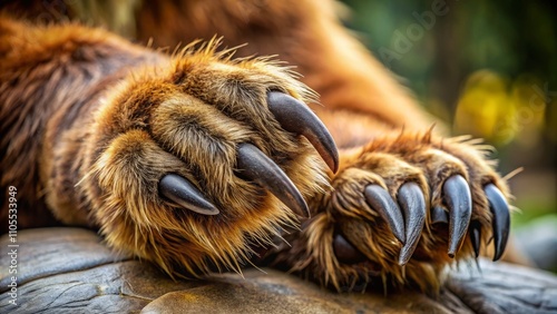 Close-Up View of a Brown Bear Forepaw Capturing the Intricate Details of Its Fur and Claws, Showcasing Nature's Majesty and the Power of Wildlife in a Stunning Product Photography Style photo