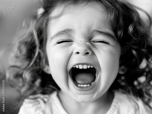A joyful child laughing with curly hair, expressing pure happiness in a black-and-white photo.