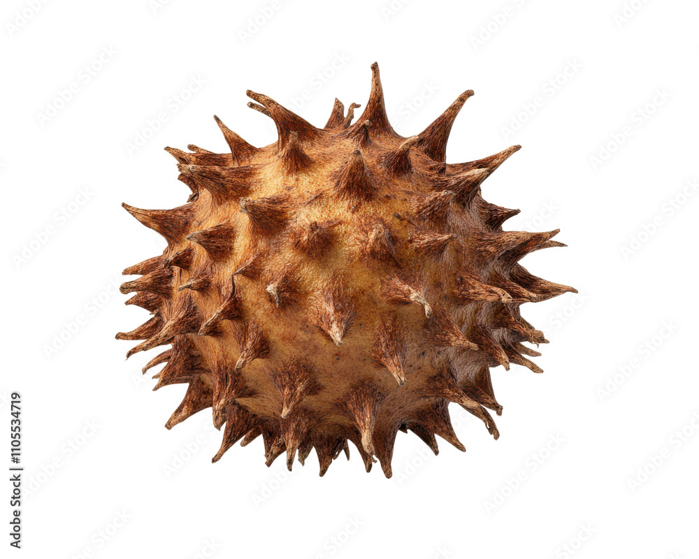 Detailed view of a spiky seed pod on a white isolated background.