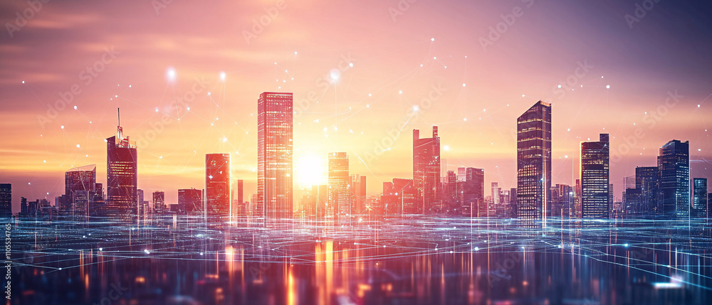 Fototapeta premium Vibrant Cityscape at Sunset: Smart City Technology and Network Connections
