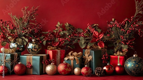 Beautifully wrapped presents and colorful ornaments on a vivid red background create a happy holiday atmosphere in this elegant vertical Christmas scene.  photo